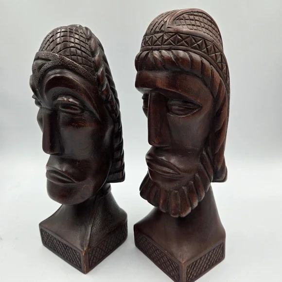 Hand Carved Wood African Tribal Woman & Man Busts 1950s-1960s Statues 9.5 VTG